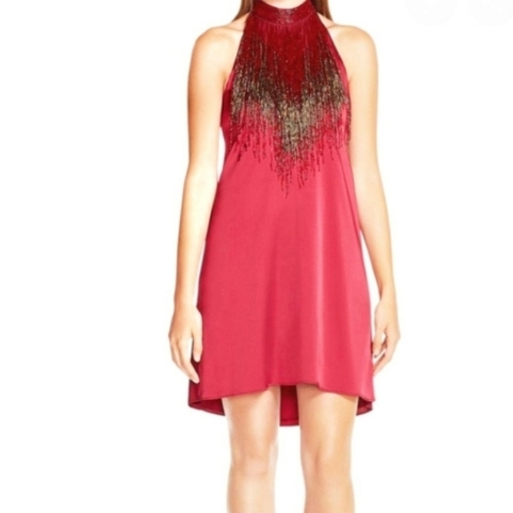 NWOT Haute Hippie Red Silk A-line With Beaded fringe-8 Rare Sample Sale Find